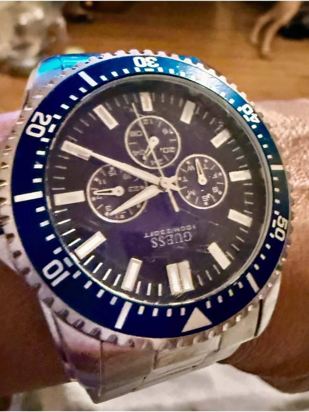 Guess? Silver Bracelet Watch with Blue Dial and Bezel